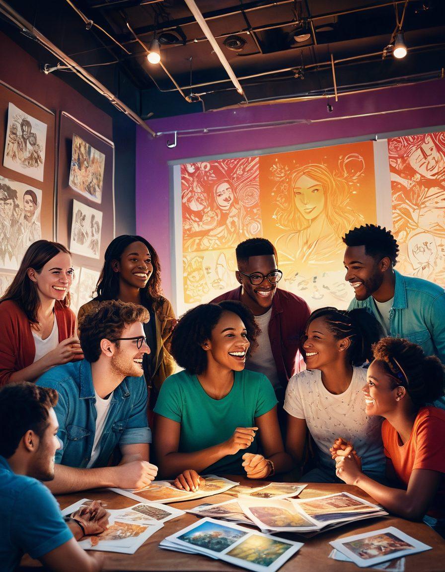 A dynamic film set where a diverse group of filmmakers passionately discusses a vibrant, uplifting story idea. The background features film reels and storyboards adorned with colorful sketches that convey positivity and joy. Bright lights illuminate their faces, showcasing excitement and collaboration. A magical aura radiates from their interlinked hands creating a visual connection of storytelling. Evoke an energetic atmosphere full of creativity and inspiration. super-realistic. vibrant colors. 3D.