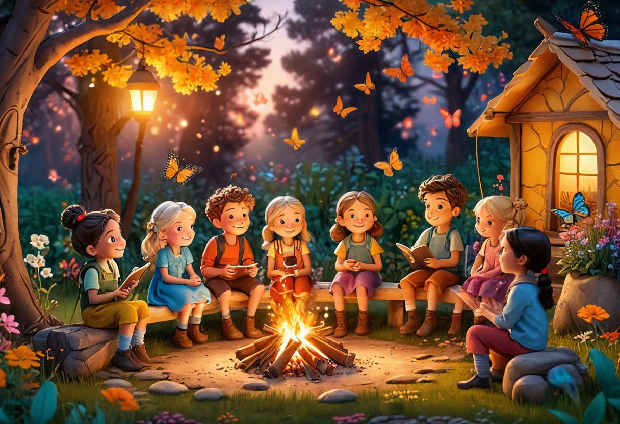 A whimsical film set filled with colorful props, featuring diverse characters joyfully exchanging stories around a campfire, surrounded by blooming flowers and butterflies. Capture the essence of happiness and storytelling through vibrant expressions and dynamic interactions. Incorporate a warm, golden sunset in the background to evoke a sense of nostalgia and cheer. Illustrate with a playful and imaginative art style. vibrant colors. whimsical illustration.