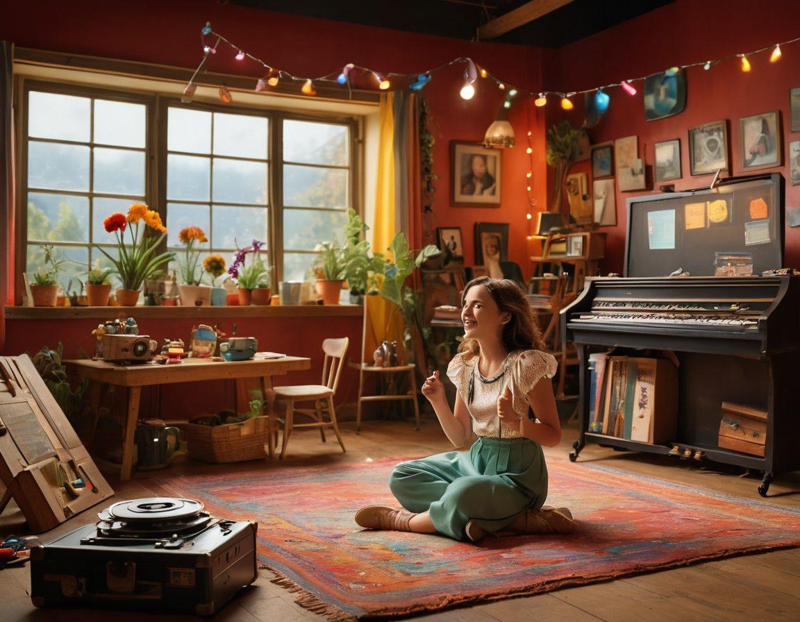A whimsical film set showcasing a lively script being transformed into a vibrant movie scene, featuring a cheerful diverse cast in mid-performance, colorful props scattered around, and a glowing projector casting enchanting visuals onto a screen. The background should have playful elements like film reels and clapperboards, evoking a sense of joy and creativity. super-realistic. vibrant colors. dynamic composition.